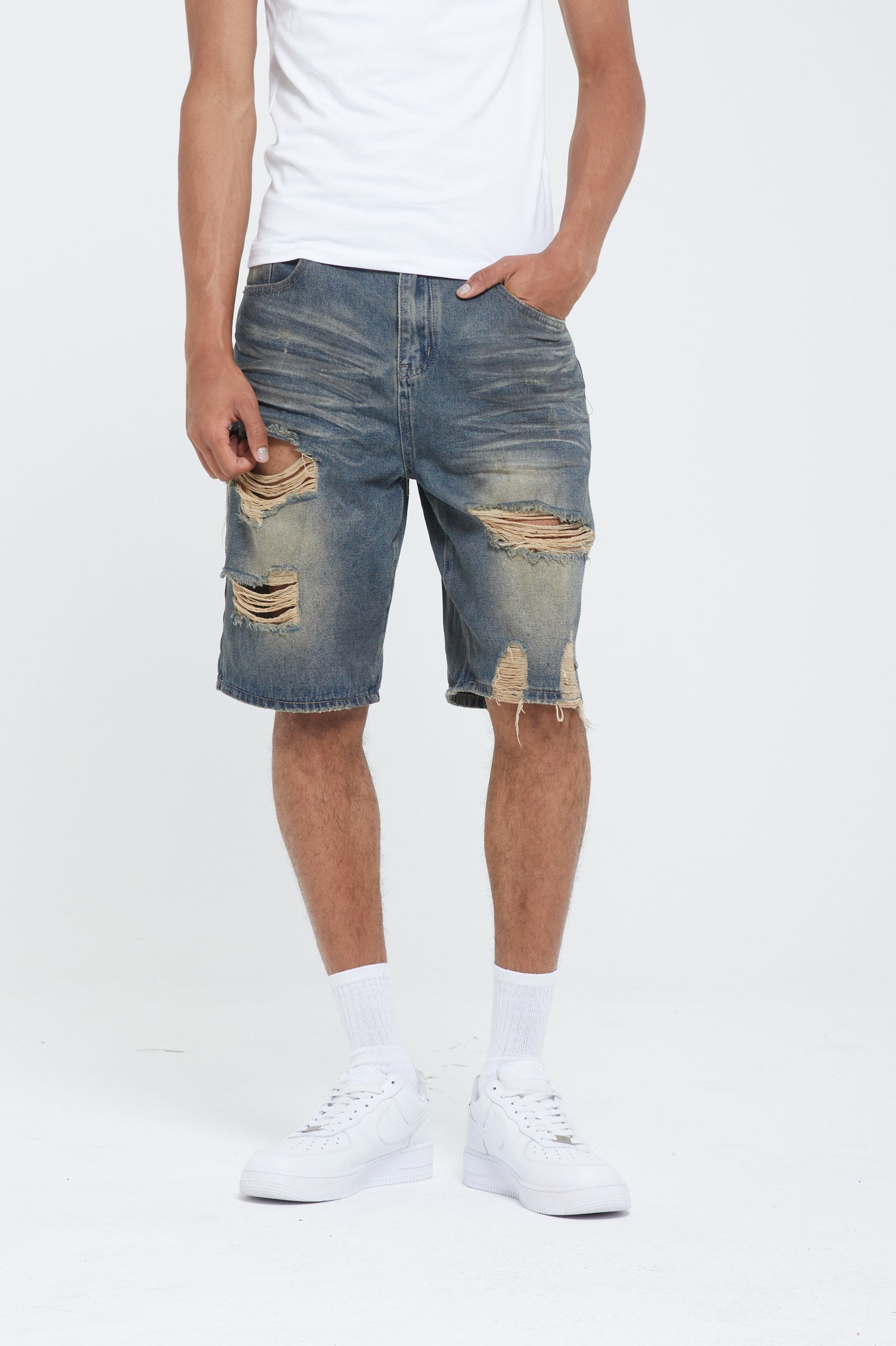 RIPPED FADED DENIM SHORTS
