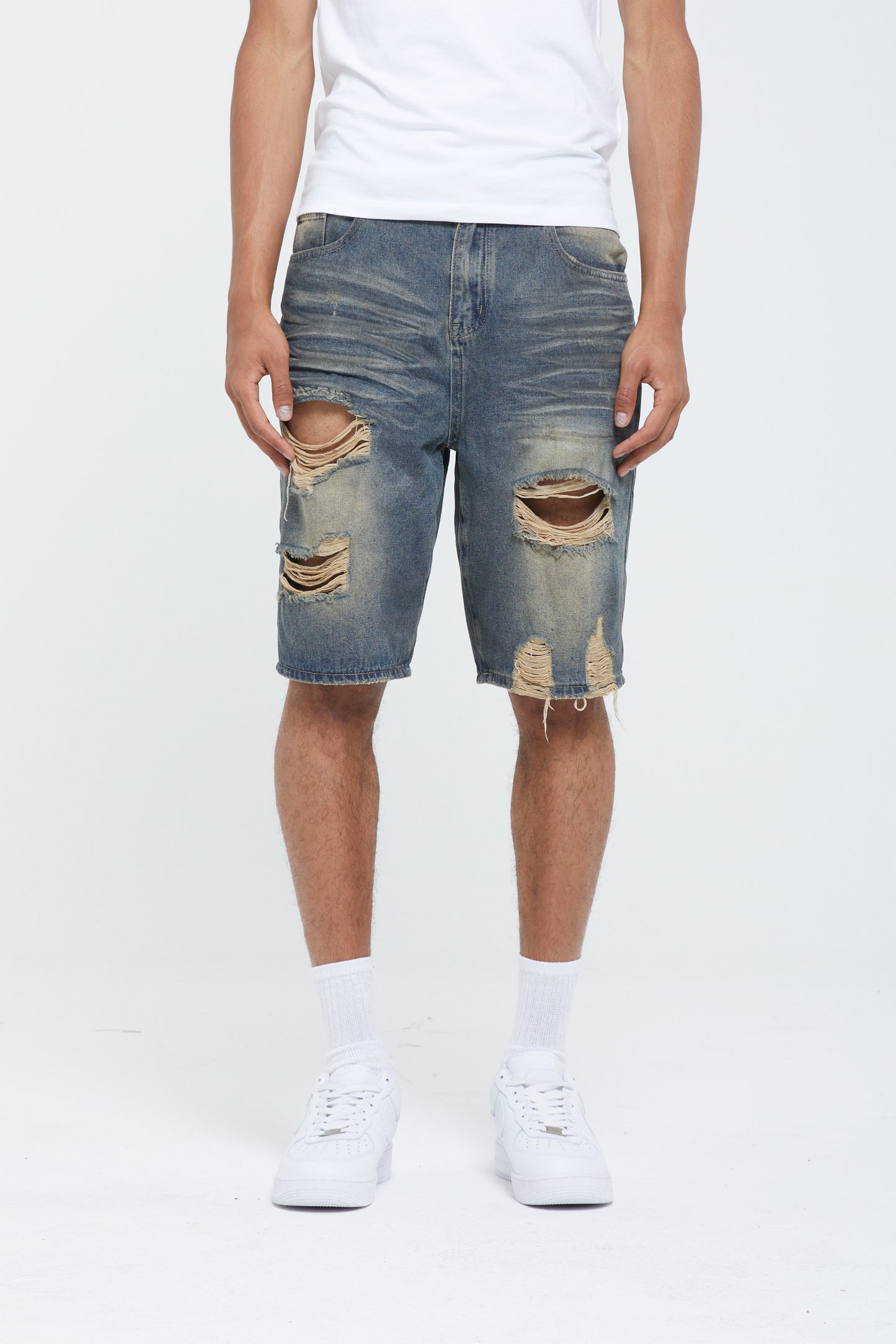 RIPPED FADED DENIM SHORTS