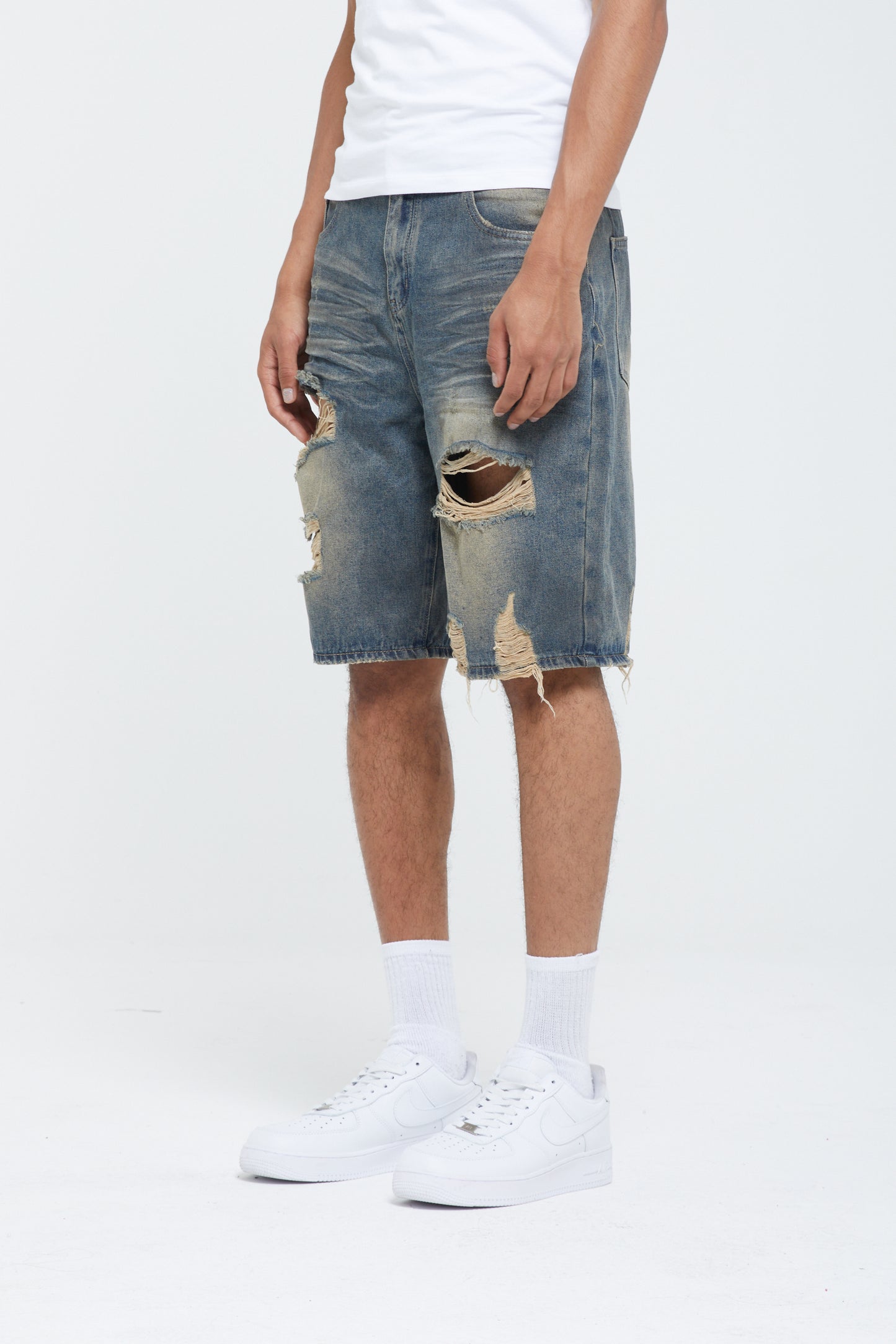 RIPPED FADED DENIM SHORTS